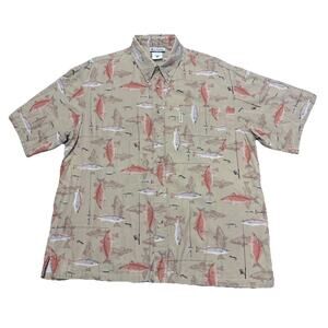 Columbia Shirt Mens XL Tan Fish Print Fishing Rod Beach Button Up Short Sleeve